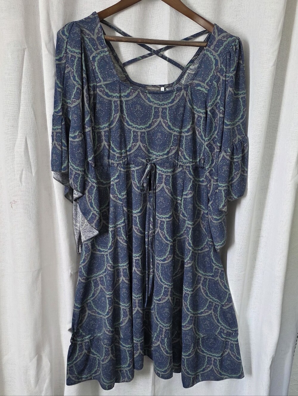 Earthbound Trading Co Paisley Flutter Sleeve Dress Strappy Cage Back Blue L